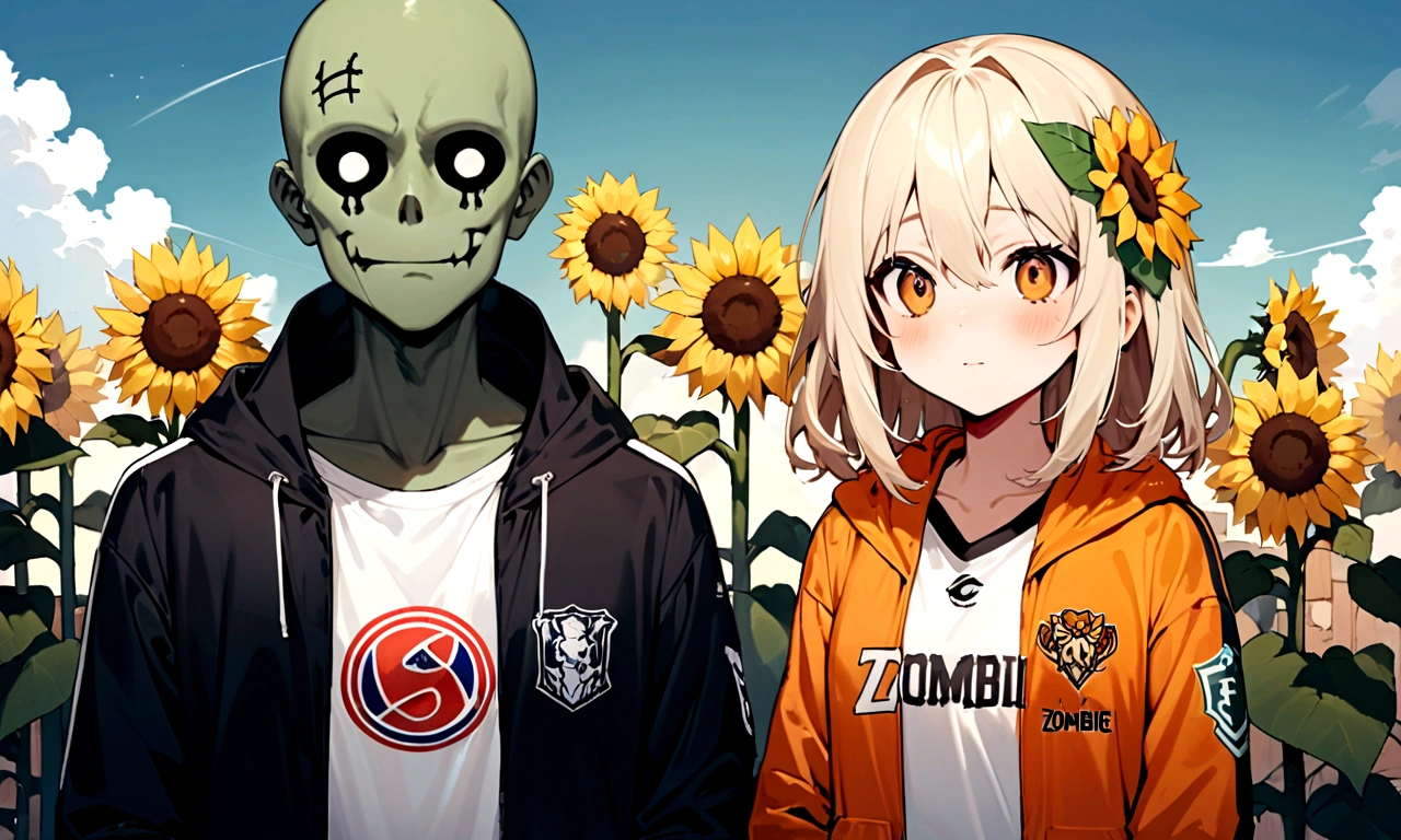 logomkrdsxl, logo of both teams, cute girl with sunflower hair ornament vs. cute zombie man,