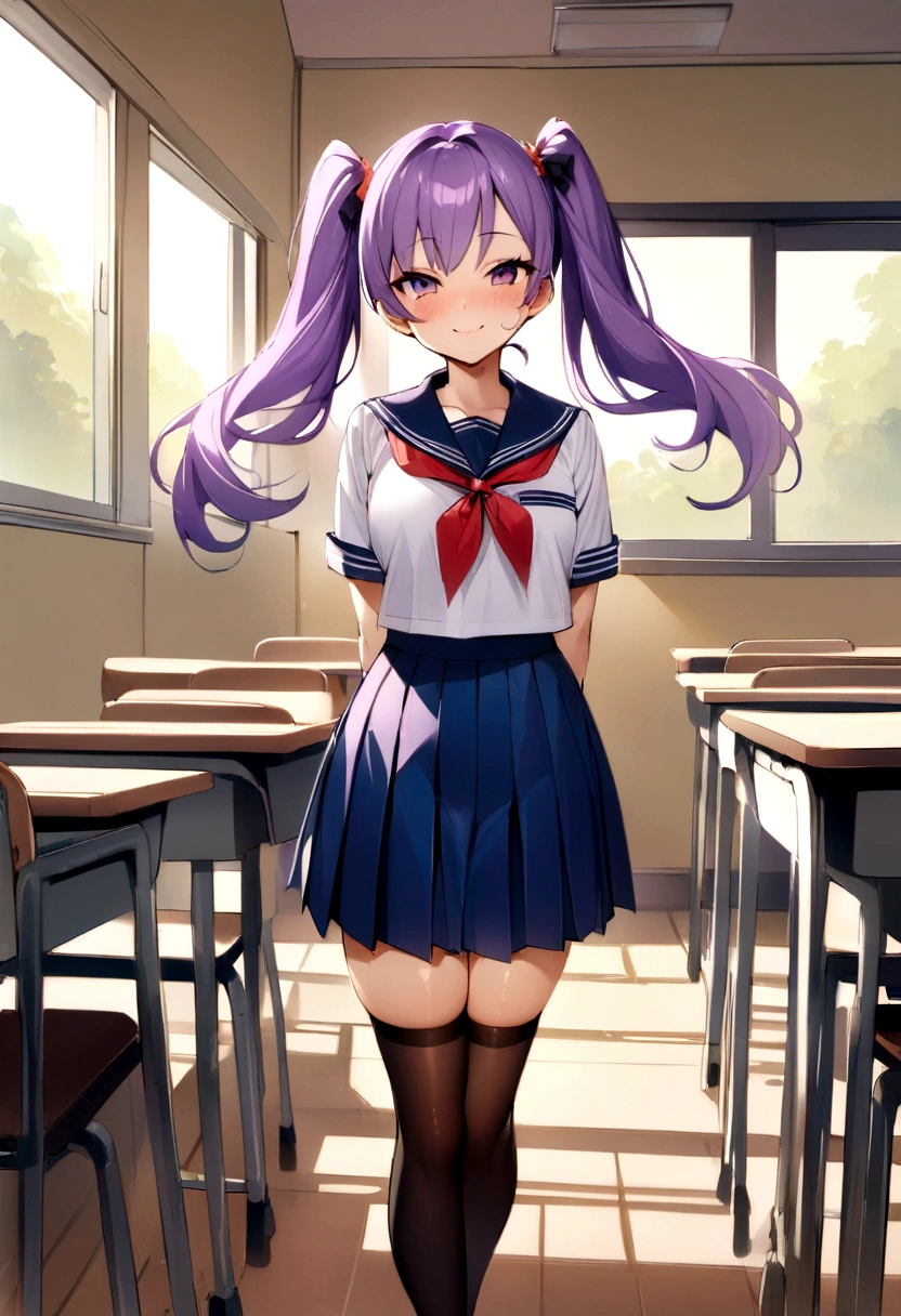 Masterpiece、、Clearly defines facial contours,Clearly defines the eye contour,Depict the whole body,Purple Hair、Oily skin、Twin tails、Fine skin、sneakers、blush、smile、Sailor suit、skirt、stockings、classroom