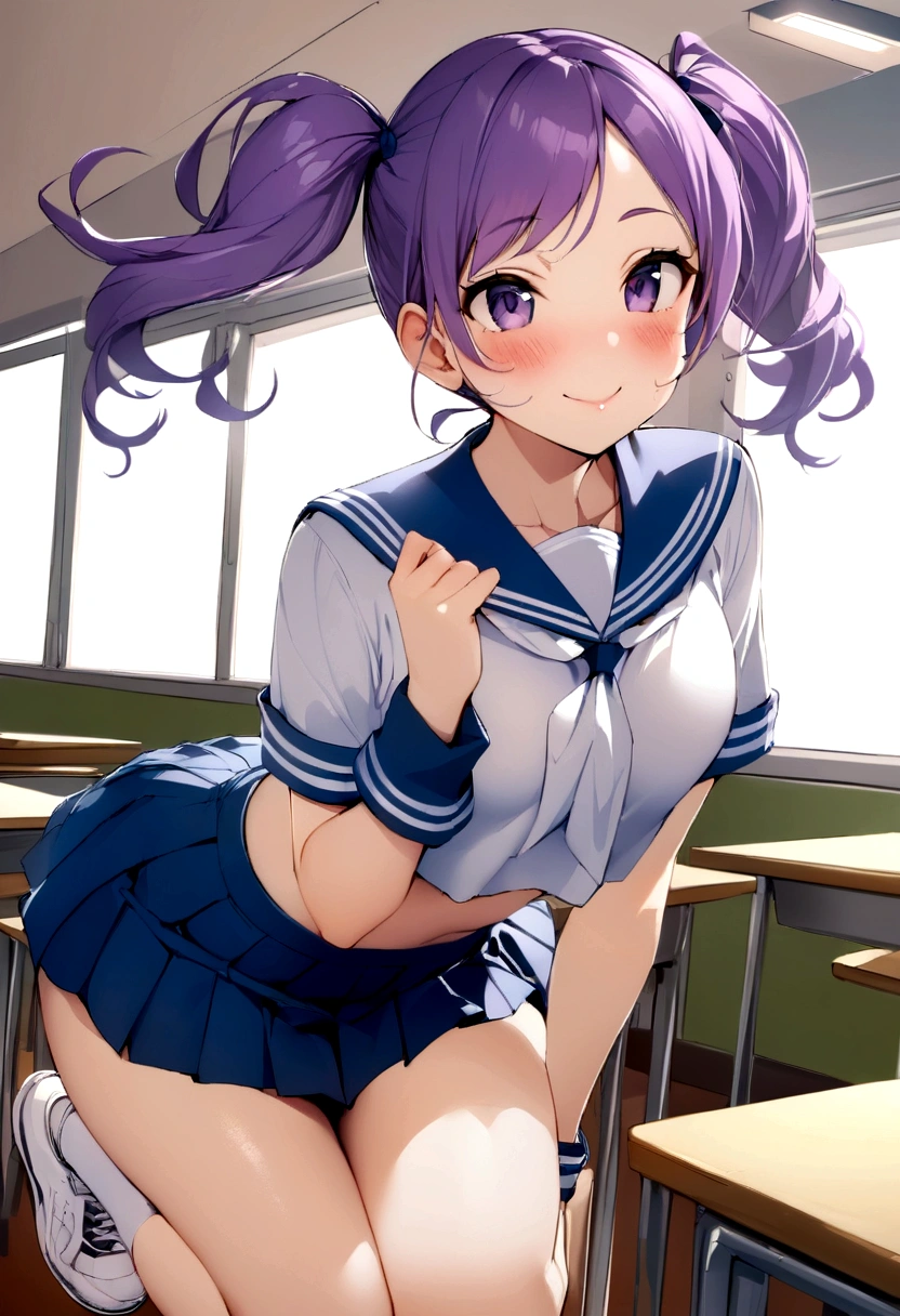 (Highest quality:1.2, 4K, 8k, Studio Anime, Very detailed, up to date, Vibrant, Attention to detail, High Contrast, masterpiece:1.2, Highest quality, Best aesthetics), (((1 person))), Sit and pose, JK, Sailor suit, Pleated skirt, loose socks, loafers, Open your mouth a little:1.2, smile, Dynamic Angle, look up:1.3, Friendly atmosphere, Beautiful black hair, Twin tails、Shiny Hair, Beautiful Skin, Detailed face and eyes, Glossy Lips, Curvy Women, Striking contrast,White panties with black dots