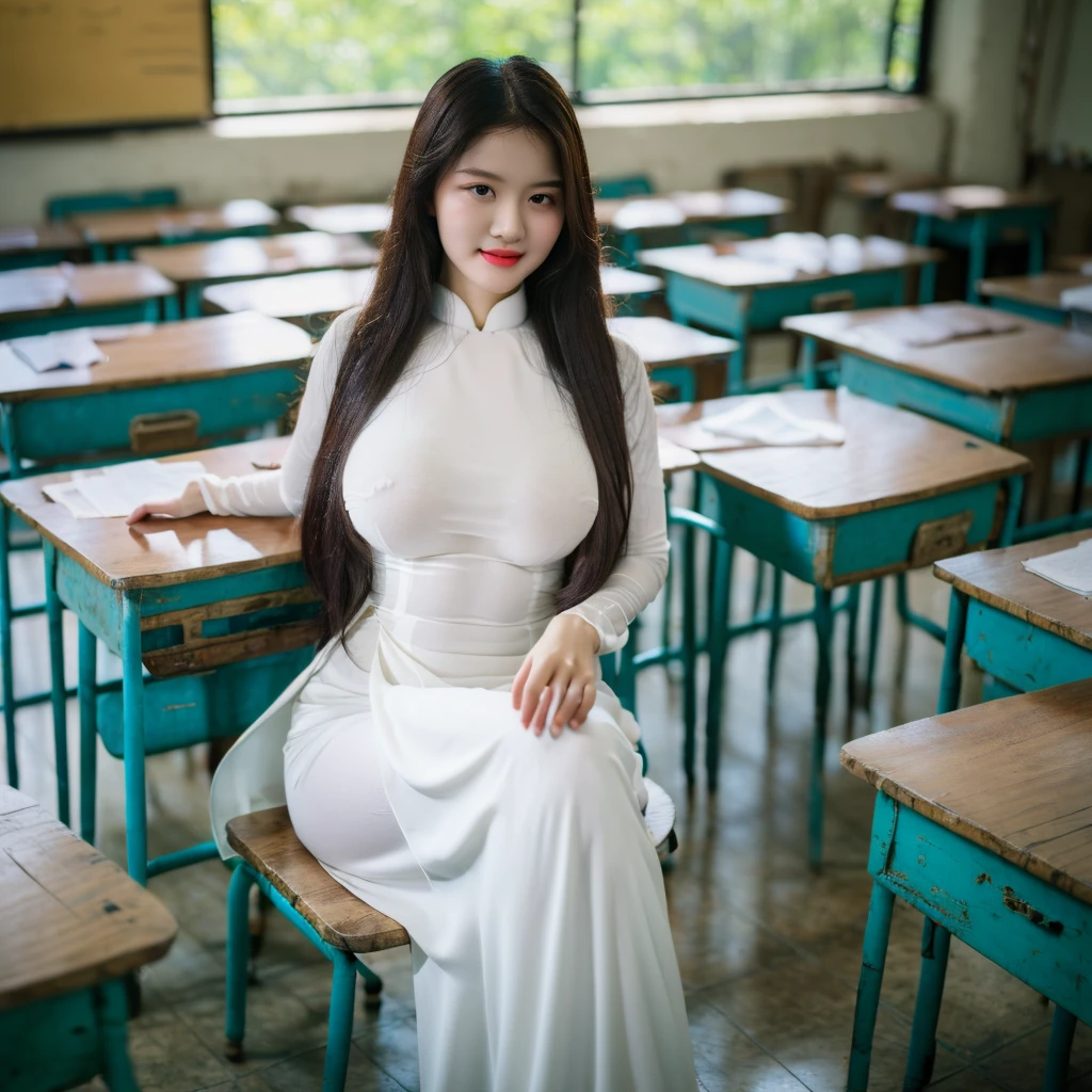((Ao Dai, big breasts, beautiful breasts, sitting on a chair in the classroom, 8k quality photo with good details))
