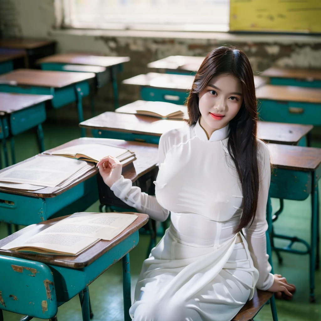 ((Ao Dai, big breasts, beautiful breasts, sitting on a chair in the classroom, 8k quality photo with good details))