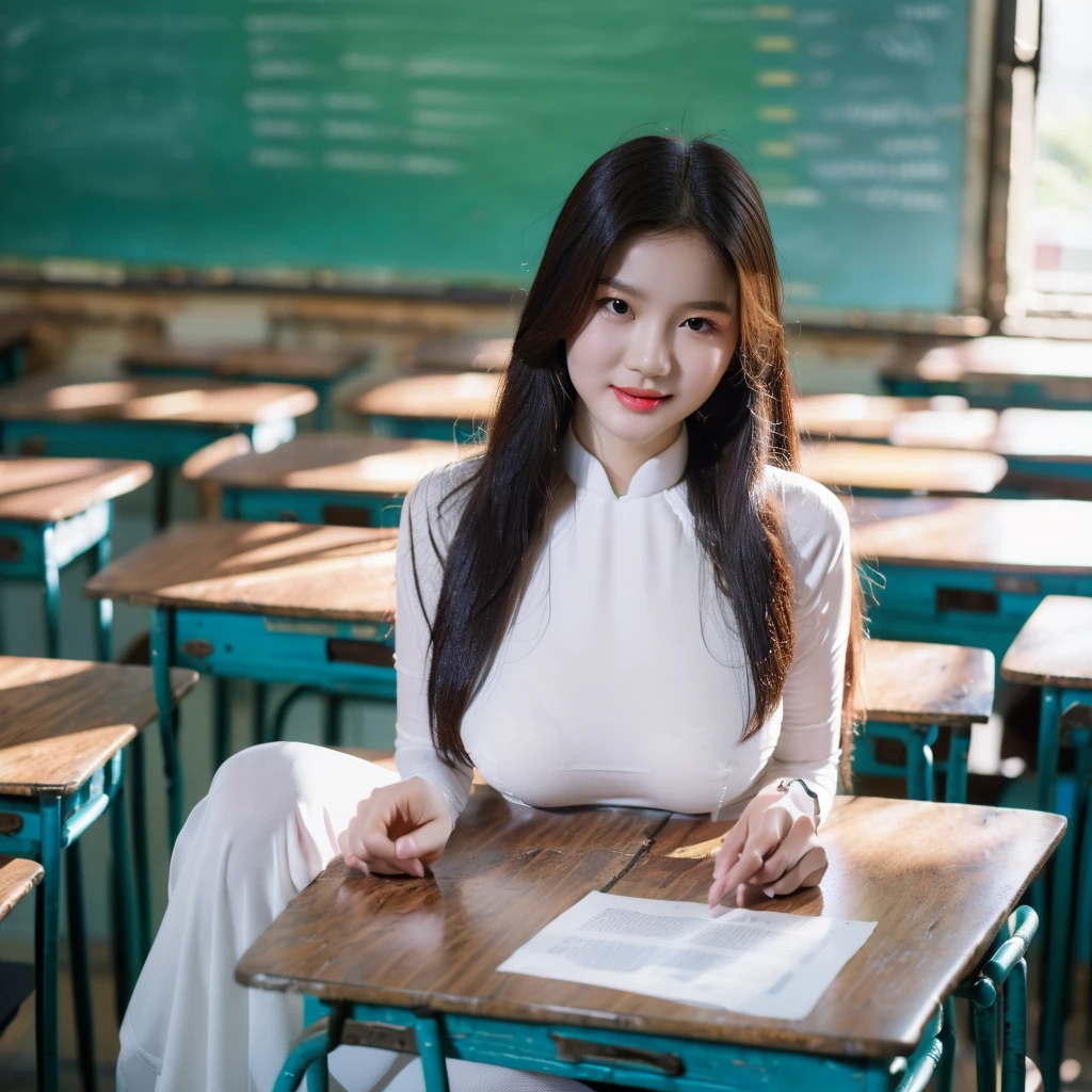 ((Ao Dai, big breasts, beautiful breasts, sitting on a chair in the classroom, 8k quality photo with good details))