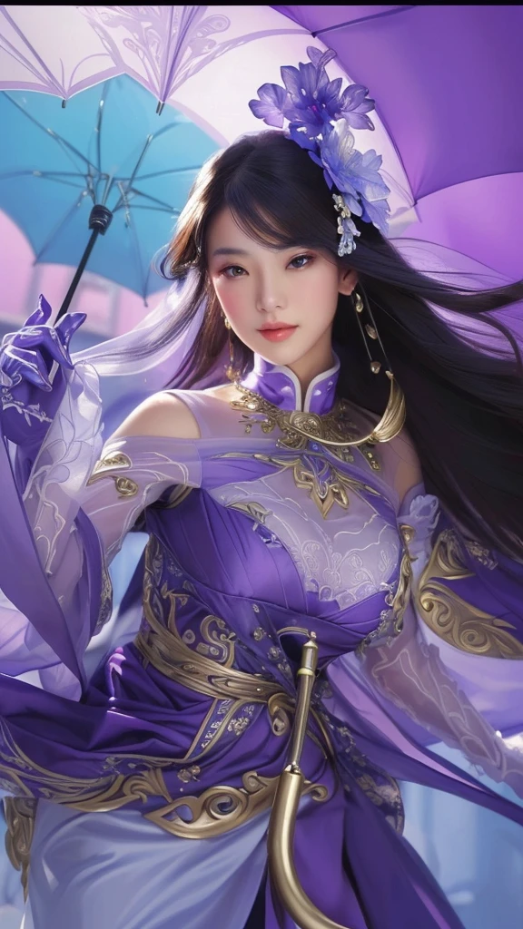 a beautiful woman in a purple dress holding a blue umbrella, extremely detailed artgerm, artgerm detailed, yun ling, artgerm lau, heise jinyao, style of artgerm, ! dream