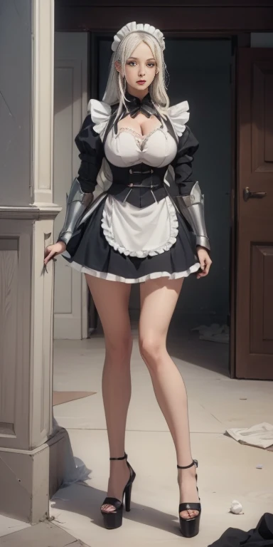 (((Full and soft breasts,)))(((Huge breasts))) (((Cleavage))) (Perfect curvy figure), woman, permanent, Direct, long_hair, messy_hair, White_hair, Maid in Armor, Metal high heels