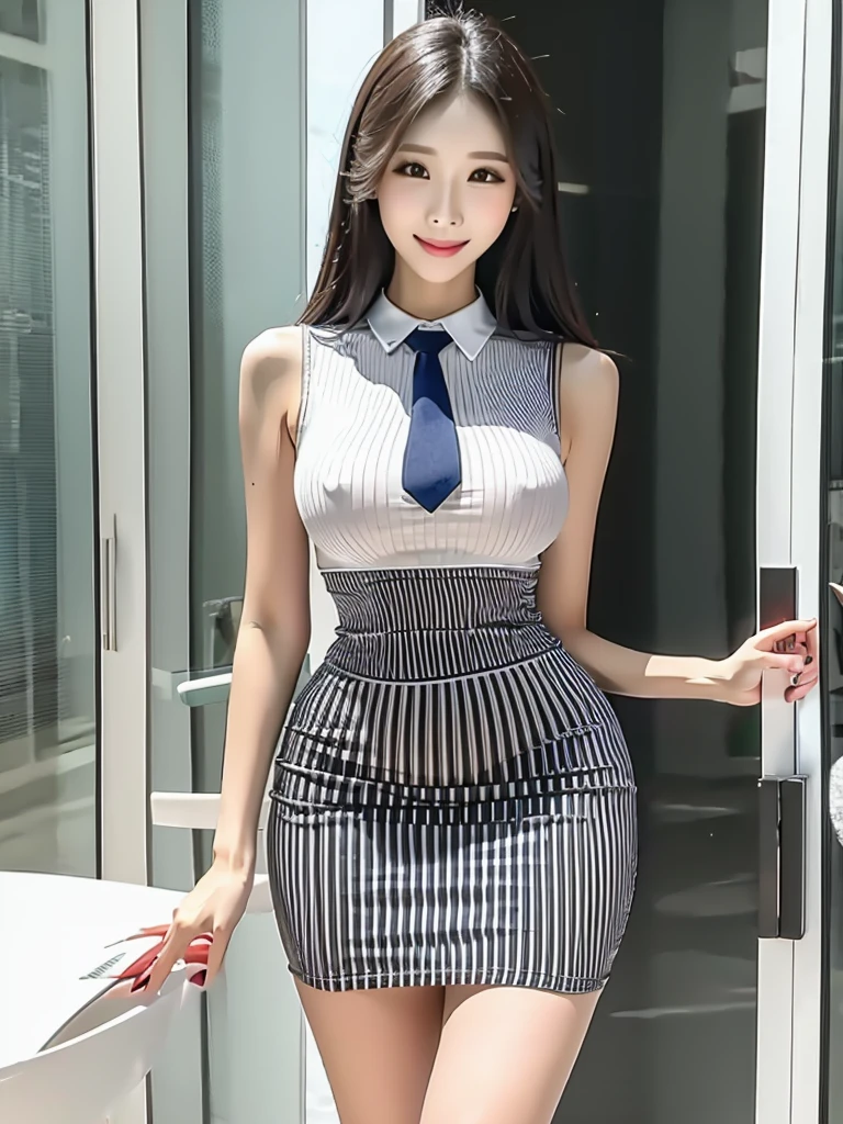 Highest quality、masterpiece、8K、Very detailed、Realistic、One person、Looking at me with a smile、whole body、、Erect nipplin andful legs、Tight and slim waist、Sleeveless tight office uniform、skirt