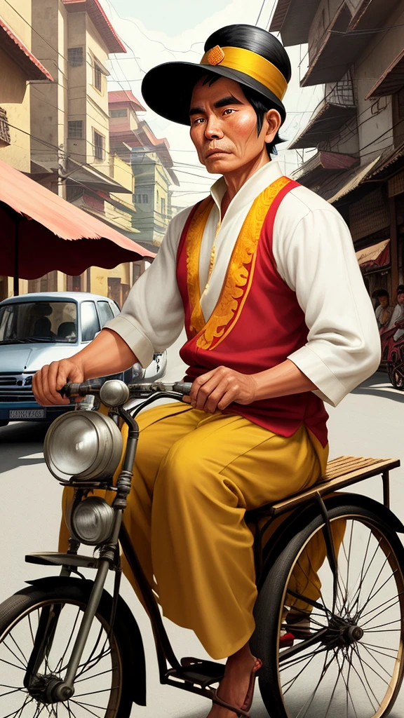 Illustrate a becak driver in Yogyakarta, wearing a traditional work uniform, waiting for passengers on a busy street with traditional buildings in the background