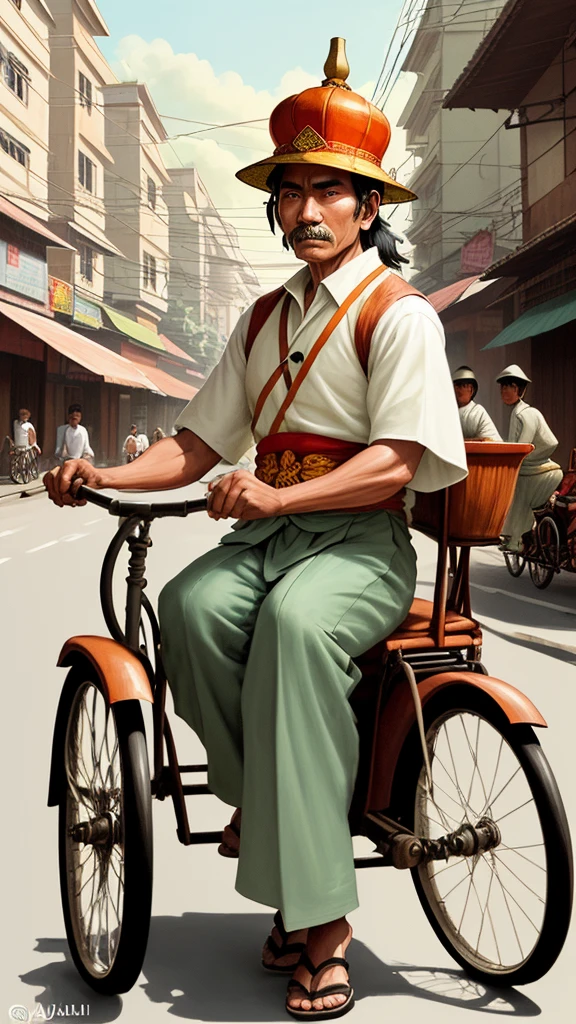 Illustrate a becak driver in Yogyakarta, wearing a traditional work uniform, waiting for passengers on a busy street with traditional buildings in the background