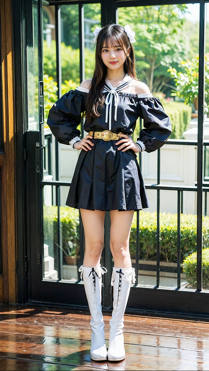(8K、RAW Photos、Highest quality、masterpiece:1.2)、(Realistic、Realistic)、1 Girl、((mini skirt、Black and white、Thin legs、whole body、boots、Clothes with ribbons、Anime Costumes、Chest ribbon、Off the shoulder、See-through、Frills、garden、smile、View from the front、Ribbon on chest、Looking into the camera、belt、Stand with hands on hips))、