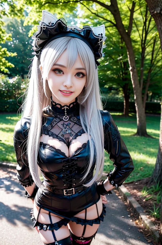 sexy stylish female model, only 1 female, ((doll-like appearance)), long stylish hair, ((shiny Punk-Style boots)), (happy smile), ultra detailed eyes, long lashes, metallic makeup, lip-gloss, ((sexy Punk ta cosplay)), unconventional skirt, petticoats, high neckline, ((ultra detailed lace)), ((ultra detailed embroidery)), intricate details, tartan patterns, safety pins, Punk Loliccessoires, short black gloves, Punk Lolita cr, ((large sparkling Punk Lolita jewel, cinematic light, detailed sunny large park background with trees