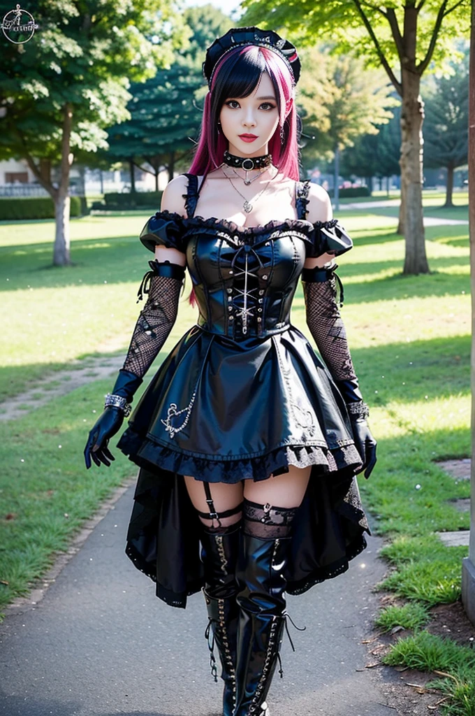 sexy stylish female model, only 1 female, ((doll-like appearance)), long stylish hair, ((shiny Punk-Style boots)), (happy smile), ultra detailed eyes, long lashes, metallic makeup, lip-gloss, ((sexy Punk Lolita cosplay)), unconventional skirt, petticoats, high neckline, ((ultra detailed lace)), ((ultra detailed embroidery)), intricate details, tartan patterns, safety pins, Punk Lolita accessoires, short black gloves, Punk Lolita choker, ((large sparkling Punk Lolita jewelry)), cinematic light, detailed sunny large park background with trees