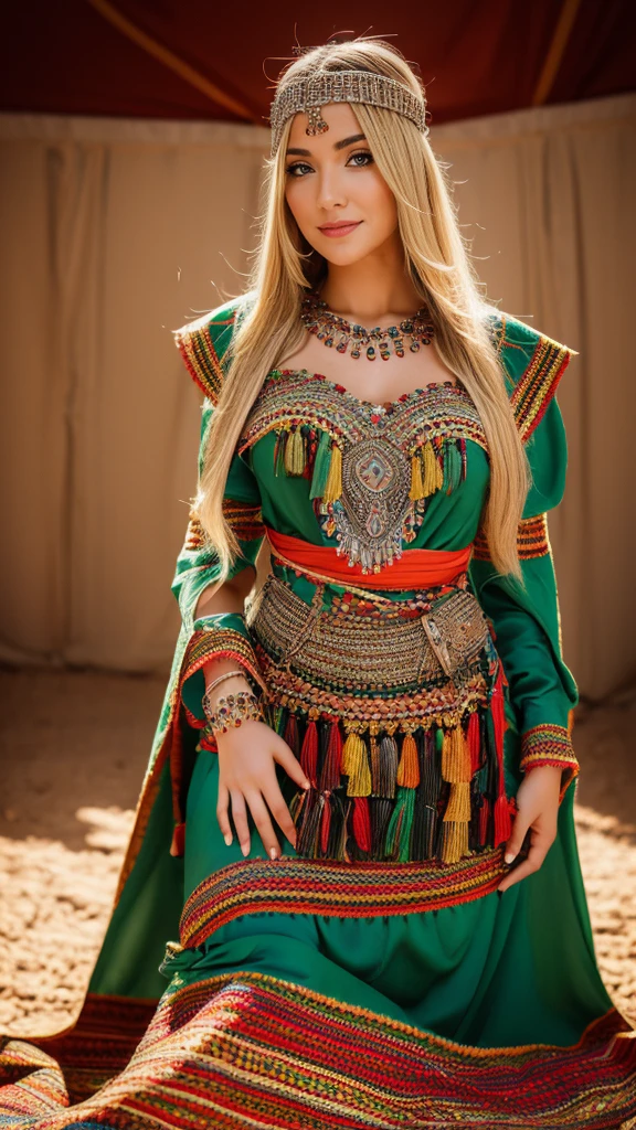 beautifull hot german blonde, robe kabyle, berber, amazigh dress, kabyledress, tizi ouzou, berber outfit, kabylegirl, bijoux, professional studio photo background, realistic, 4k