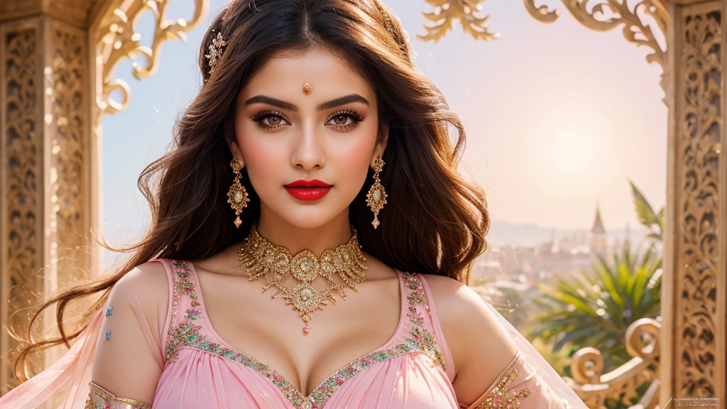 perfect pink eyes, fantastic face, Indian, beautiful look, ((red lips, bright eyes, curve heir 1.5)), ((beautiful details very big breast )), (Straight round and ultra huge clevage, not sagging breast), A glorious gorgeous, glorious gorgeous face, pretty face, bright eyes, detailed elegant printed red hijab, updo elegant hair, blurred gray tones background, ultra focus, face ilumined, face detailed, 8k resolution, painted, dry brush, brush strokes, razumov style and garmash style, by Tokaito, （fluorescent colours：1.4），（semi transparent：1.4），（retro filters：1.4），（fanciful：1.4），Candy World Disneyland Ethereal Soft Fluffy Soft Landscape Forest Snowflake Pale Pink Sky Green Blue Sparkling Ethereal Light Soft Whimsical Light Rainbow Stars Diamond Sparkle Gemstone Background Ultra Realistic Ultra High Quality Cinematic Lighting Huge Details Full HD Painting Plenty of light，diagonal bangs， Dress with collar，side masterpiece， best qualityer，realskin，（sportrait：1.5）， 1girll， bluntbangs， long whitr hair，
