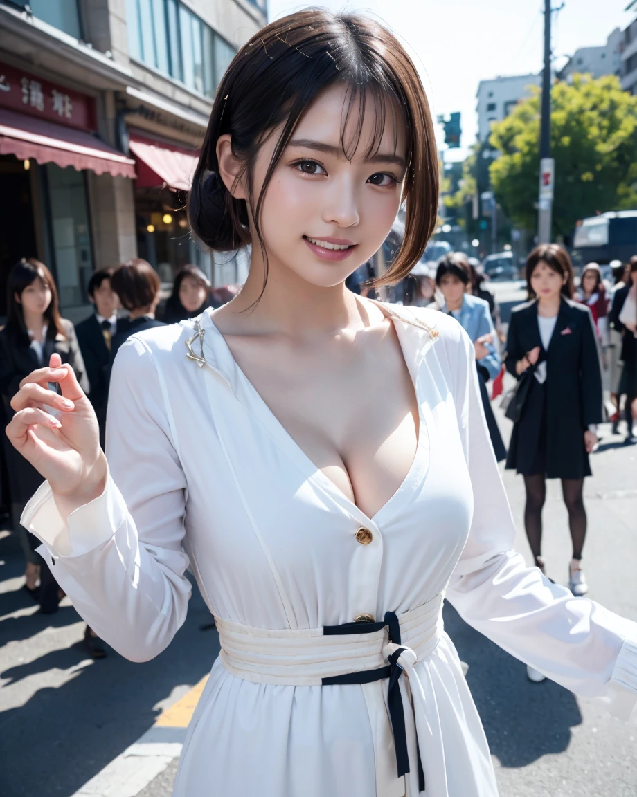 (Tabletop:1.3), (8K, Realistic, RAW Photos, Highest quality: 1.4), Japanese, (One Girl), Beautiful Face, (Realistic Face), (Black Hair), Beautiful hairstyle, Realistic eyes, Beautiful attention to detail, (Realistic Skin), Beautiful Skin, Charm, 超High resolution, Surreal, Very detailed, Golden Ratio、
Show from waist to shoulders,
Beautifully detailed skin, (cute:1.2),
(Black Hair),
((Pop Idols of Japan)),
(Upper thigh:0.6), (Depth of written boundary),Soft Light, Lens Glow,
View your viewers,
(Droopy eyes:1.2),
Straight teeth,smile,
Floating Hair, (Blonde:1.2),
Brown eyes,
Movie Scenes, Cinematic, Full Color, 4K, 8K, 16K, RAW Photos, masterpiece, Professionally color coded, Professional photography,
Cleavage,high school girl, Put your hair up, Consider,(Sweat,Haa)1.2,(blush,Open your mouth)1.3,Soft Clean Focus, Realistic lighting and shading, (Very delicate and beautiful art)1.3, elegant,Active Angle,Dynamism Pose,
Realistic, (cute女の子:1.1), High resolution, Ultra Clear, Sharp focus, ,Cosplay, slim,
Thin white cloth,Gray Hair, High Ponytail,
(Off-white damask long-sleeve shirt dress:1.3),
(Thom Browne designer dress:1.4),
(Very detailed背景, Detailed Background: 1.3), Bokeh, Depth of written boundary,
China City Street,
There is no one in the background,