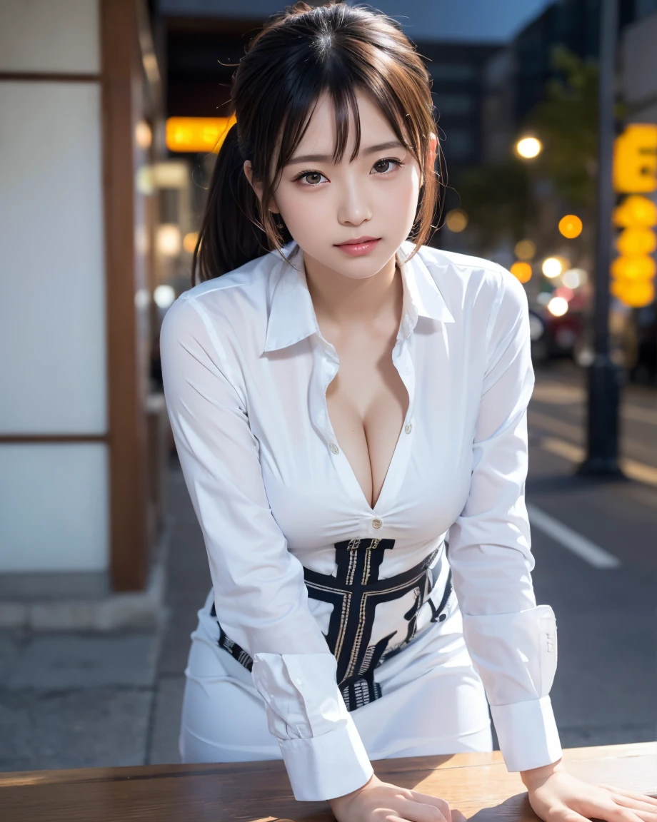 (Tabletop:1.3), (8K, Realistic, RAW Photos, Highest quality: 1.4), Japanese, (One Girl), Beautiful Face, (Realistic Face), (Black Hair), Beautiful hairstyle, Realistic eyes, Beautiful attention to detail, (Realistic Skin), Beautiful Skin, Charm, 超High resolution, Surreal, Very detailed, Golden Ratio、
Show from waist to shoulders,
Beautifully detailed skin, (cute:1.2),
(Black Hair),
((Pop Idols of Japan)),
(Upper thigh:0.6), (Depth of written boundary),Soft Light, Lens Glow,
View your viewers,
(Droopy eyes:1.2),
Straight teeth,smile,
Floating Hair, (Blonde:1.2),
Brown eyes,
Movie Scenes, Cinematic, Full Color, 4K, 8K, 16K, RAW Photos, masterpiece, Professionally color coded, Professional photography,
Cleavage,high school girl, Put your hair up, Consider,(Sweat,Haa)1.2,(blush,Open your mouth)1.3,Soft Clean Focus, Realistic lighting and shading, (Very delicate and beautiful art)1.3, elegant,Active Angle,Dynamism Pose,
Realistic, (cute女の子:1.1), High resolution, Ultra Clear, Sharp focus, ,Cosplay, slim,
Thin white cloth,Gray Hair, High Ponytail,
(Off-white damask long-sleeve shirt dress:1.3),
(Thom Browne designer dress:1.4),
(Very detailed背景, Detailed Background: 1.3), Bokeh, Depth of written boundary,
China City Street,
There is no one in the background,