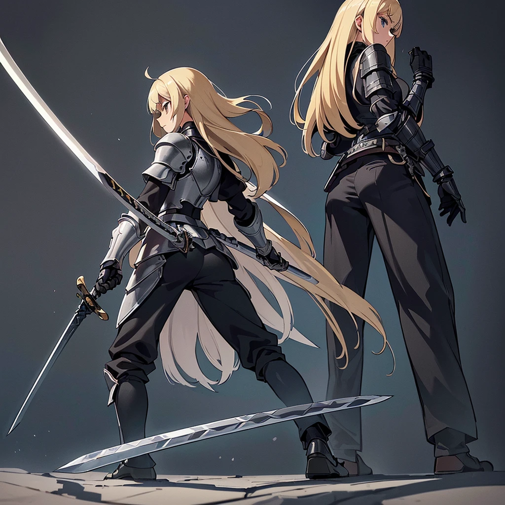 (((Solo)))、Best illustrations、Best Quality、(Full body character concept、detailed)、(((Simple grey armor、Black trousers、Black gloves))、(woman、18-year-old)、(Blonde、Long Hair)、(((Grab the sword、Get Ready)))、(From below、From the back)