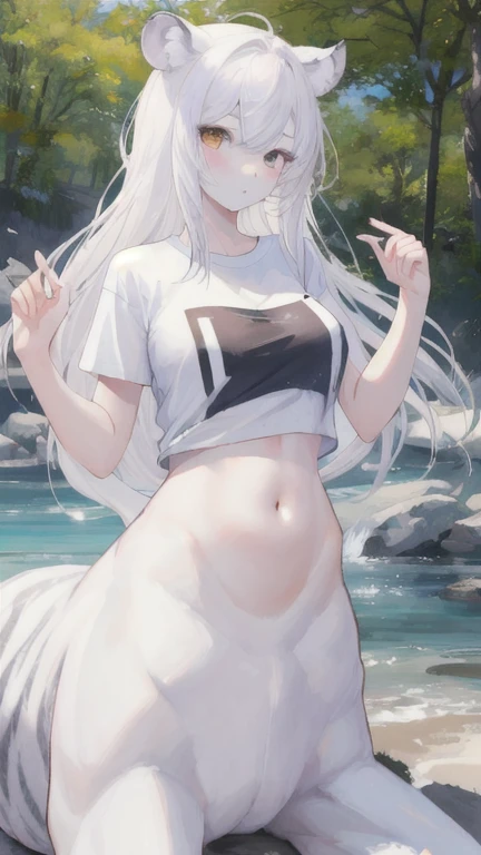 (best quality, masterpiece), 1 girl, centaur, It takes, White skin, Korean , exposing the abdomen,belly button t-shirt, 아름다운 소녀 perfect white tiger photo, perfect white tiger photo