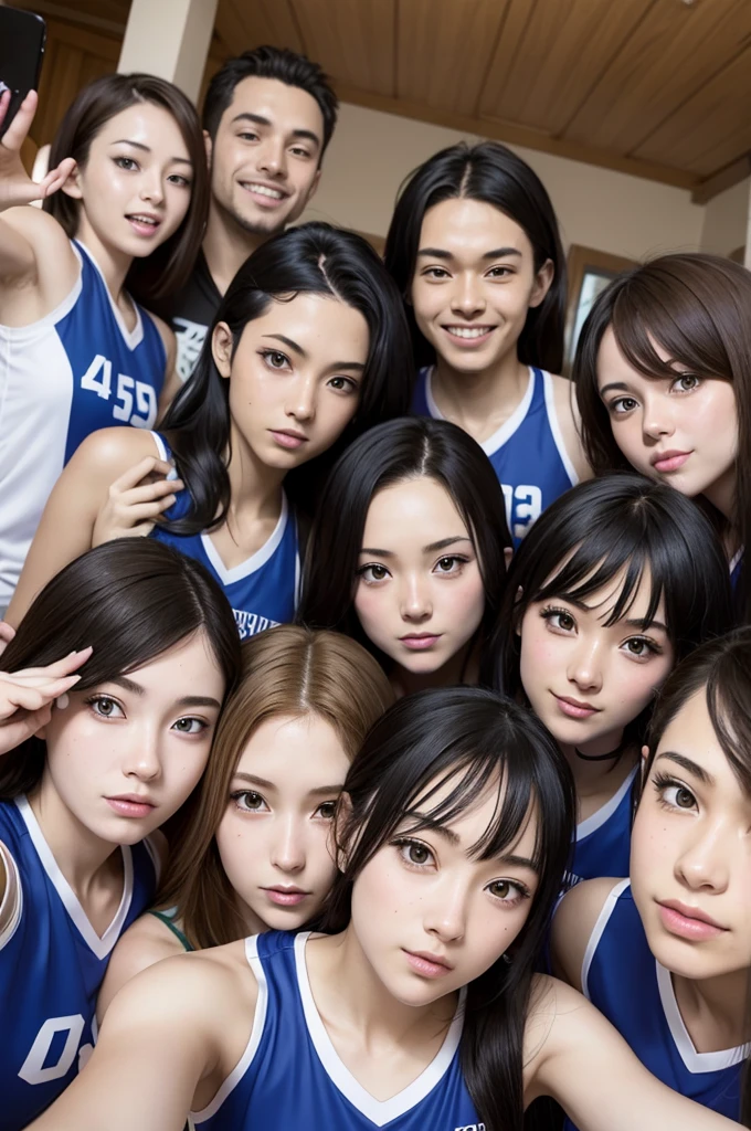 Anime drawing of a selfie taken by a woman with 6 other people behind her, 3 men and 3 women. These people are young and in volleyball uniforms.. They are all Brazilian