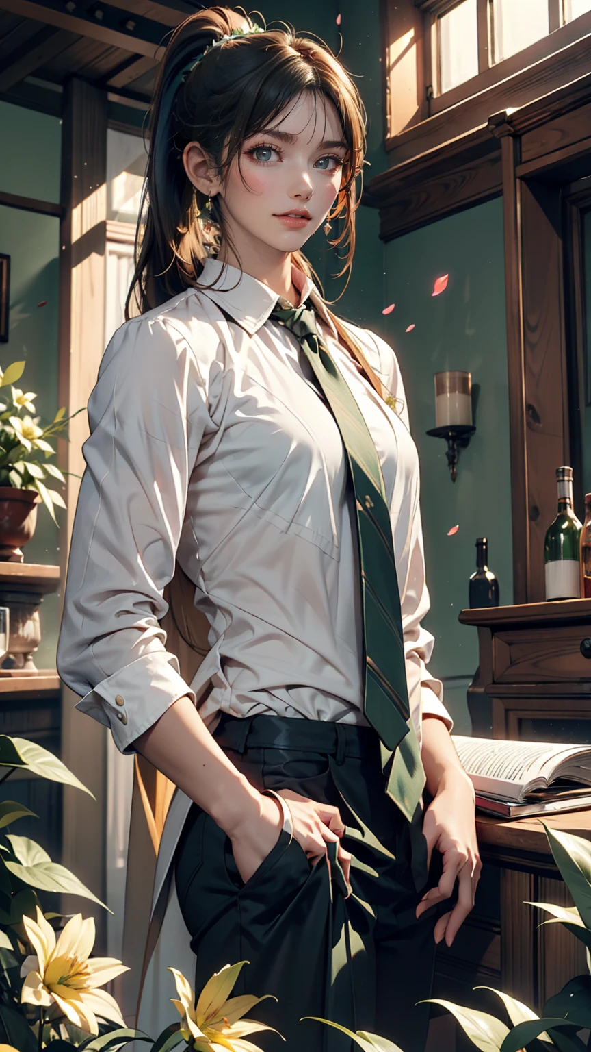 And change, Brown ponytail, White skin,, Green Eyes, masterpiece, punk jacket, White shirt, Green tie, Shoulders open, Sleeves are open, A light smile, flower, quiet, Suppressed, (Concept Art)