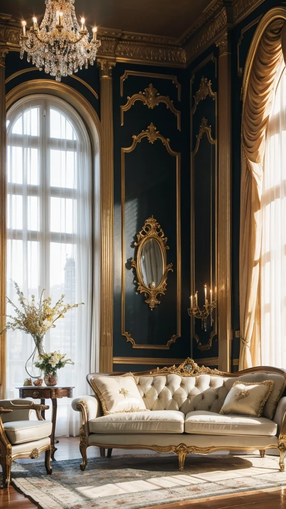 ，masterpiece, Highest quality，8K，Step into a luxurious living room，It&#39;s like entering an art hall.。Floor to ceiling windows、Allows sunlight to flood the space，Heartwarming。It&#39;s raining outside。A gorgeous crystal chandelier shines with warm, colorful light.。，Matches aqua blue sofa。Precious works of art are displayed on gold-rimmed tables，The walls are decorated with paintings by famous artists.，Thought-provoking。Grey marble floor ,Music control system at your fingertips，In a warm and elegant space，Enjoy the thrill of music。