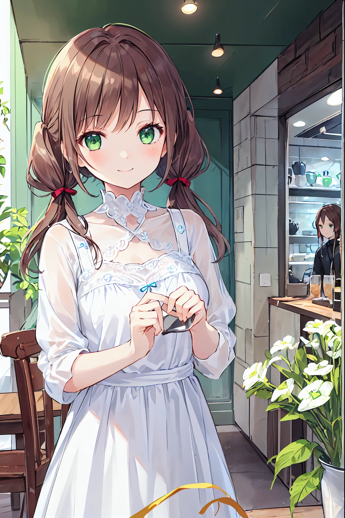 One Girl,Jewel Eyes,Beautiful arrangements and motifs、Few、Game character design、Written boundary depth , wonderful, beauty、Transparency、Game character design、(One Girl:1.0)、Brown Hair、Twin tails、Straight hair、cute、Upper Body、Green Eyes、Inside the cafe、Cafe Background、Sit on a chair，(White dress:1.5)、front、smile、cool