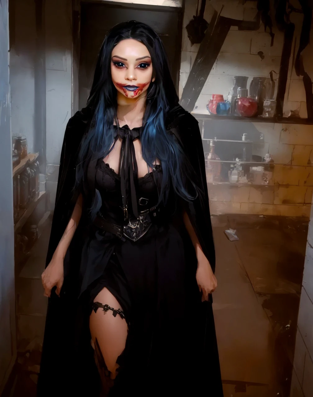 (very_detailed:1.4), photography of jinxlol, (18 years old:1.3), dynamic_pose, erotic, full_body_shot, (blue hair bowing in the wind:1.2), (smiling:1.2), insane_expression, flat chest, small breasts, breasts visible, (short linen pants), (brown pants), ammo belt, (in a potion shop, crowded shelfs, dim light falling through window), dark theme, AETHERPUNK, intricate, highly_detailed, professional, arcane style, hd, 8k, cinematic lighting, cinematic,