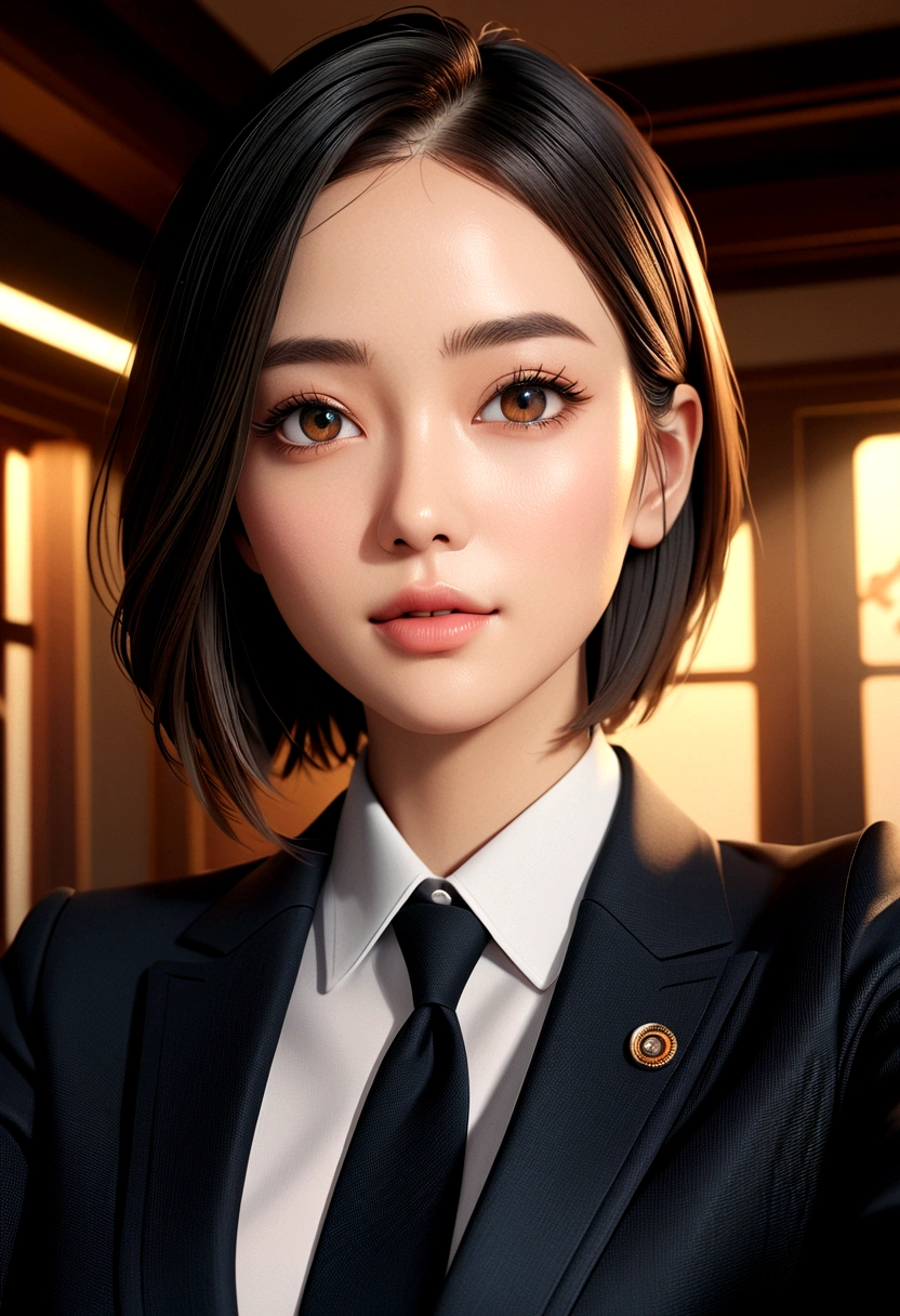 (The original) , (Very detailed wallpaper) , (best quality) , (masterpiece) , Photographic Reality, Practical, Very detailed illustrations , beautiful eyes, (Delicate face) , Perfect details, (Optimal lighting) , (Super intricate details) , Extremely detailed, , Kogar,((Selfie)), ((Black suit 1.5)), , 4k unity, (Super detailed CG: 1.2) , (8K: 1.2) , Practical, Octane Rendering