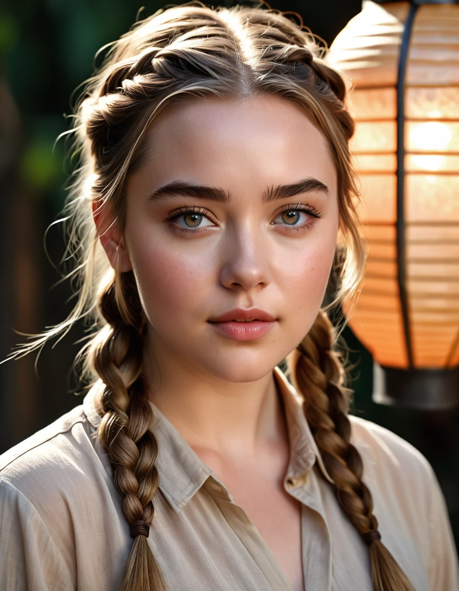 a 21 year old woman with a light brown shirt and a tied braid, a caucasian girl with fair skin, [her face is a mix of Ana de Armas, Florence Pugh and Sydney Sweeney]::1, beautiful skin, a beautiful prominent and round forehead , vivid and very expressive light eyes, a slight smile of pride, light colored lipstick. Lanterns, beautiful portrait of a young woman with a very beautiful face!!!!, young pale woman, beautiful model, flawless skin, Beautiful, detailed flawless face. Photo is digitally enhanced with high levels of detail and cinematic lighting. ethereal and enchanting. High resolution for website, incredibly detailed, hyper-realistic, Cinematic light, Complex, HDR, 32k