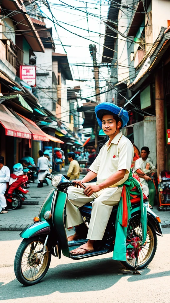 Illustrate a becak driver in Yogyakarta, wearing a traditional work uniform, waiting for passengers on a busy street with traditional buildings in the background