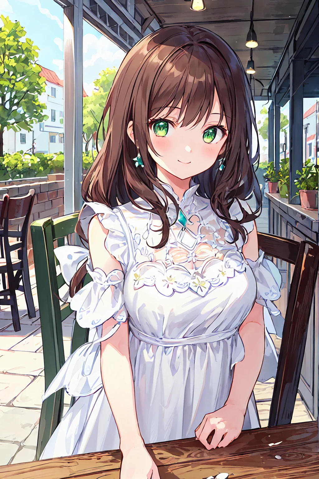 One Girl,Jewel Eyes,Beautiful arrangements and motifs、Few、Game character design、Written boundary depth , wonderful, beauty、Transparency、Game character design、(One Girl:1.0)、Brown Hair、Twin tails、Straight hair、cute、Upper Body、Green Eyes、Inside the cafe、Cafe Background、Sit on a chair,(White dress:1.5)、front、smile、cool