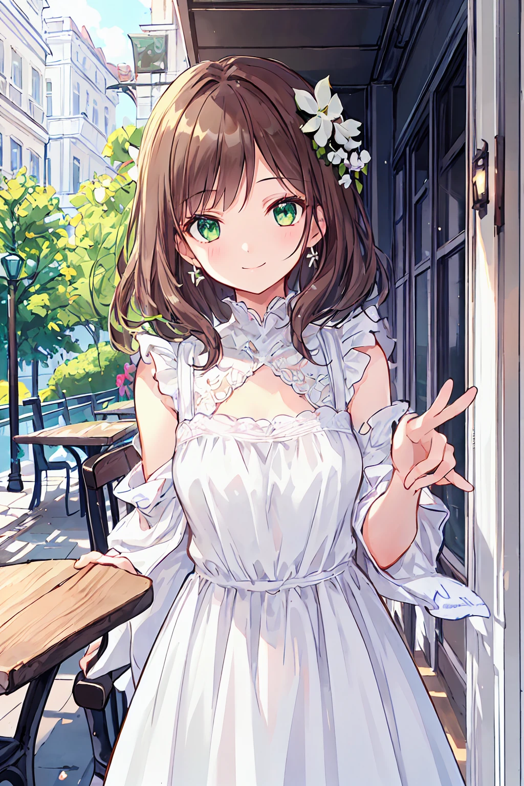 One Girl,Jewel Eyes,Beautiful arrangements and motifs、Few、Game character design、Written boundary depth , wonderful, beauty、Transparency、Game character design、(One Girl:1.0)、Brown Hair、Shortcuts、Straight hair、cute、Upper Body、Green Eyes、Inside the cafe、Cafe Background、Sit on a chair，(White dress:1.5)、front、smile、cool
