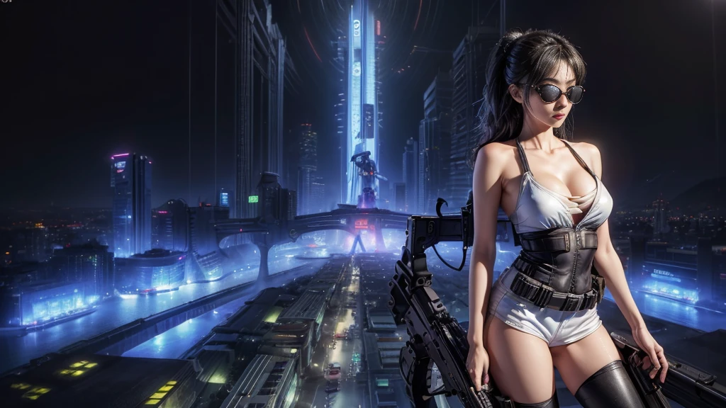 8k, Realistic Skin Texture, Realistic Photo, Neo Tokyo, slim women, large-breast:1.3 cleavage:1.2, AD2050 at night, Dirty hunting jacket, Wearing tube top, miniskirt, (((black sunglasses, automatic rifle, sneakers, cold, shooting pose, very low angle view))), Innovative composition, revenge, cyberpunk, blade runner worldview, Large neon sign, Geisha hologram sign, Strong Wakamoto Sign.