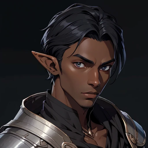(masterpiece), (best quality),(portrait),(bust up),1boy,solo,(sharp focus),(look at viewer),elf,elf wizard,(black hair),(dark skin) ,(black skin),adult, (ancient:1),ancient luxurious long clothes,old school fantasy art,((simple background)),super shiny face,Ultra Glossy Skin,