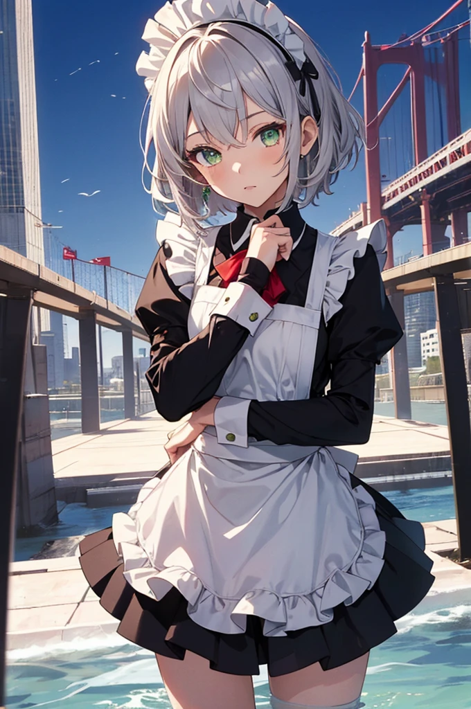 masterpiece, Highest quality, figure, Fighting Pose, One girl, Noel Genshin Impact, Silver short hair, Green Eyes, Maid skirt with red side parts, Maid Knight, Maid Knight armor, City Bridge, water,