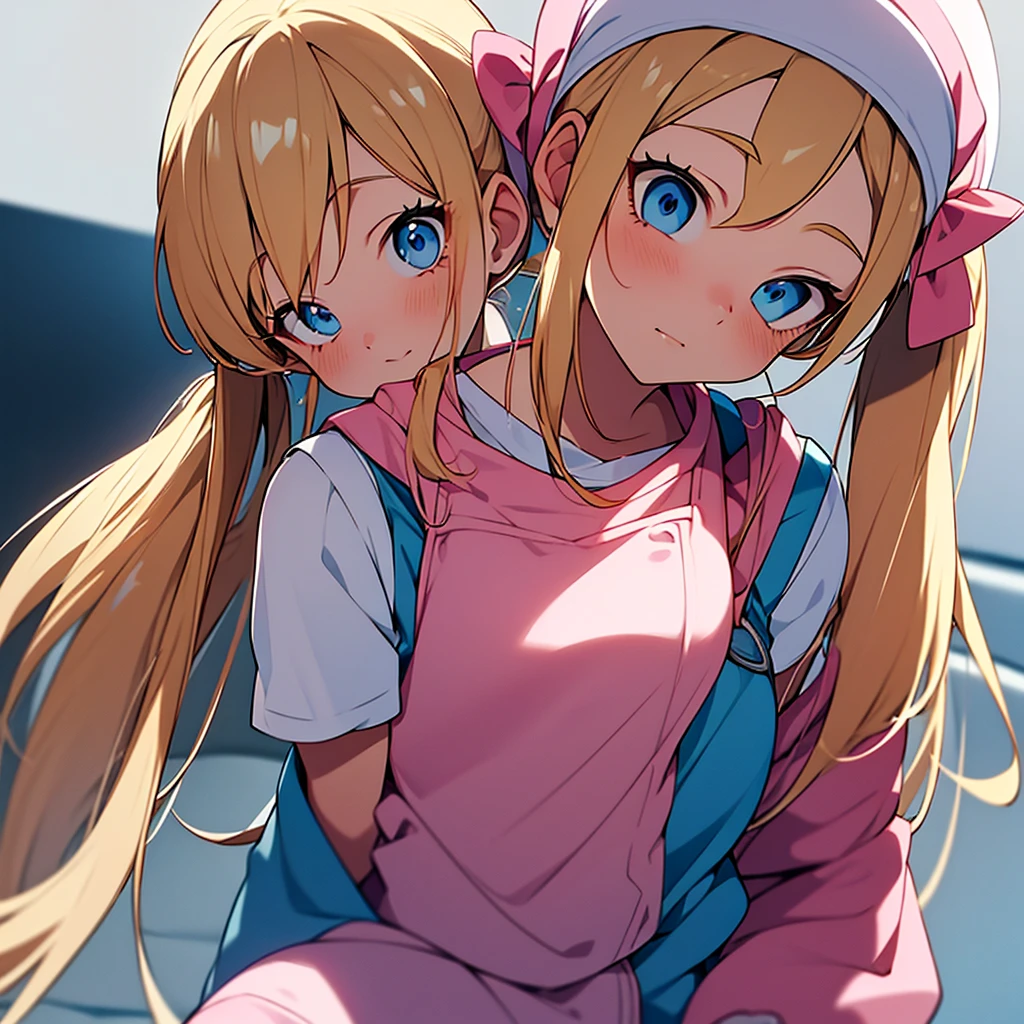 A single adult woman, blue eyes, Blonde, hair in two pigtails, pink vests, pink dress with white overalls, a pink hat on her head, in a calm and sweet environment, photography as for social media profile, Dragon Ball Z style and design, especially in the eyes