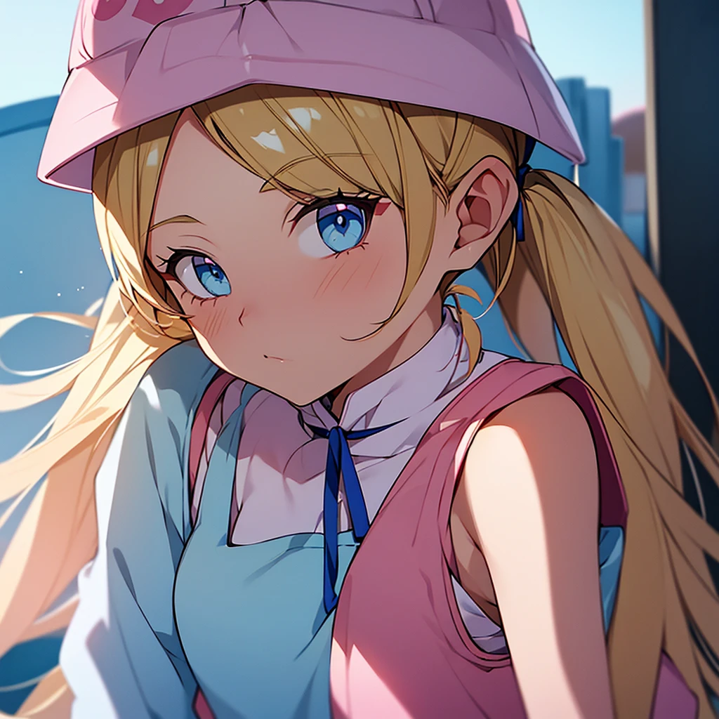 A single adult woman, blue eyes, Blonde, hair in two pigtails, pink vests, pink dress with white overalls, a pink hat on her head, in a calm and sweet environment, photography as for social media profile, Dragon Ball Z style and design, especially in the eyes