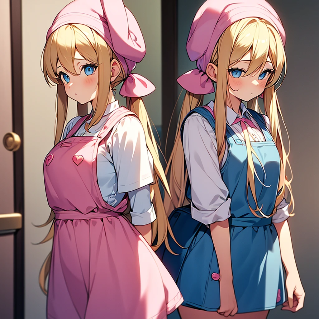 A single adult woman, blue eyes, Blonde, hair in two pigtails, pink vests, pink dress with white overalls, a pink hat on her head, in a calm and sweet environment, photography as for social media profile, Dragon Ball Z style and design, especially in the eyes