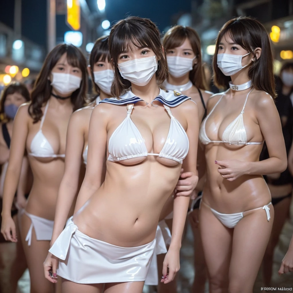 masterpiece, top-quality, (((((5 girls, breasts to breasts, micro petticoat skirt))))), group photo, 
((((((white latex micro bikini, pale color bikini, shiny plastic sailor collar, extremely detailed, shiny oiled skin)))))), 
slender figure, (((impossible breasts, cleavage, underboobs))),
((((A photo of of most crowded street at night, women only)))), 
Full body, Looking at viewer, grin, happy, ((((wearing face mask, bleached hair)))), (((breasts to breasts)))