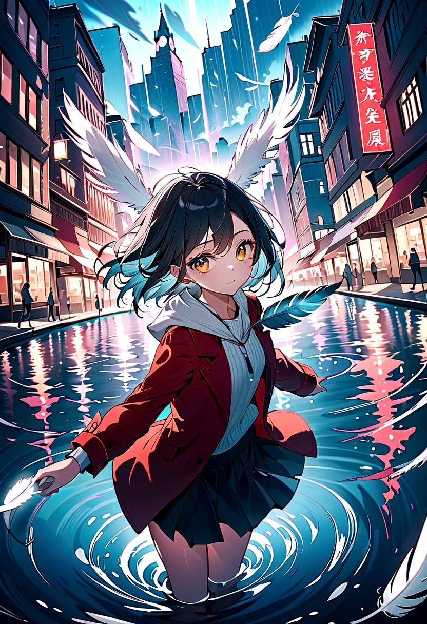 absurd, high resolution,, (1 Girl, Solitary), big eyes,, city View,, (Water Effects, Lighting Effects, Feathers Flying:1.2),