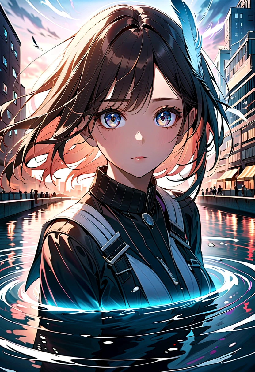 absurd, high resolution,, (1 Girl, Solitary), big eyes,, city View,, (Water Effects, Lighting Effects, Feathers Flying:1.2),