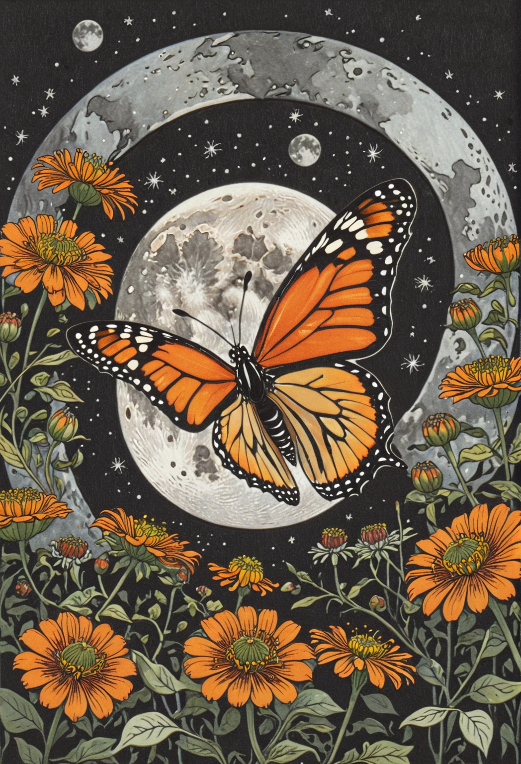 symmetric, balanced, monarch butterfly at the center of the moon surrounded by a frame of zinnia flowers, dark amber and gray colors, ephemeral patterns, witchcore aesthetics, cloisonnism, eleanor vere boyle, Ivan Bilibin Style page, lks73zb1, Inkdrawing, by Kr355e