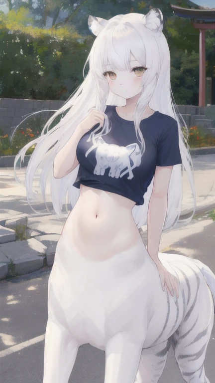 (best quality, masterpiece), 1 girl, centaur, It takes, White skin, Korean  , exposing the abdomen,belly button t-shirt, 아름다운 소녀 perfect white tiger photo, perfect white tiger photo