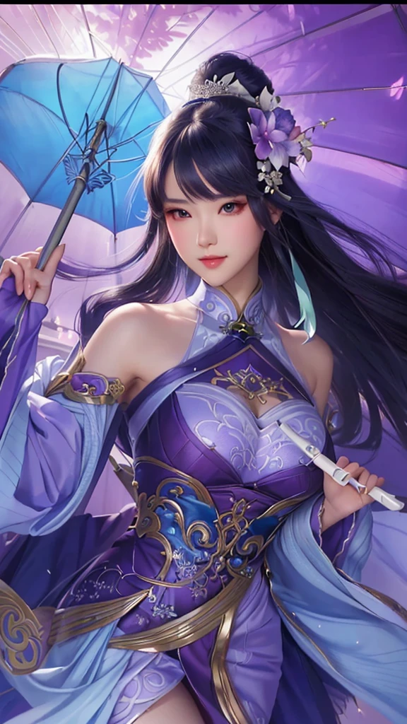 a beautiful woman in a purple dress holding a blue umbrella, extremely detailed artgerm, artgerm detailed, yun ling, artgerm lau, heise jinyao, style of artgerm, ! dream