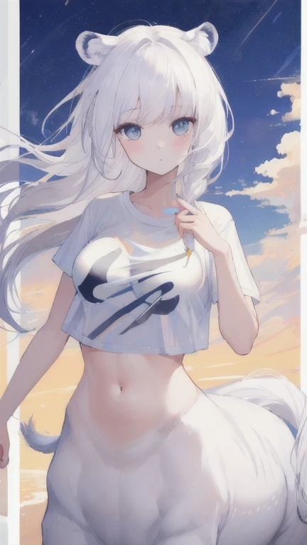 (best quality, masterpiece), 1 girl, centaur, It takes, White skin, Korean , exposing the abdomen,belly button t-shirt, 아름다운 소녀 perfect white tiger photo, perfect white tiger photo