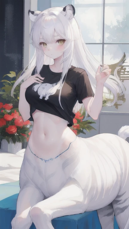 (best quality, masterpiece), 1 girl, centaur, It takes, White skin, Korean ,daughter, black pink,Smiling, exposing the abdomen, belly button t-shirt , 아름다운 소녀 perfect white tiger photo, perfect white tiger photo