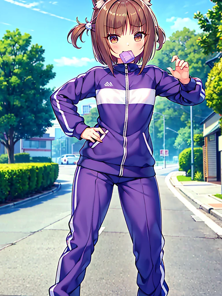 azuki from nekopara wearing violet beauregarde's tracksuit while holding a stick of chewing gum, high res,, ultrasharp, 8K