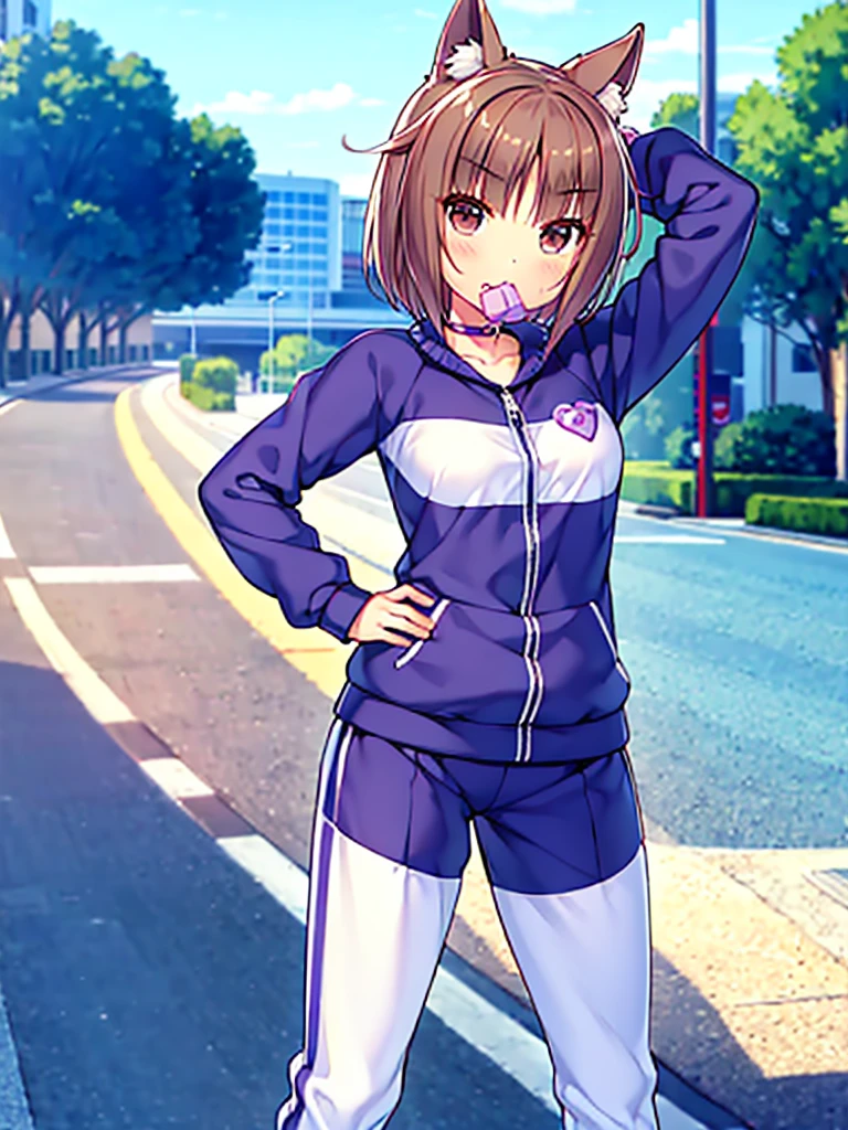 azuki from nekopara wearing violet beauregarde's tracksuit while holding a stick of chewing gum, high res,, ultrasharp, 8K