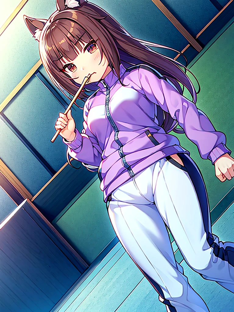 azuki from nekopara wearing violet beauregarde's tracksuit while holding a stick of chewing gum, high res,, ultrasharp, 8K