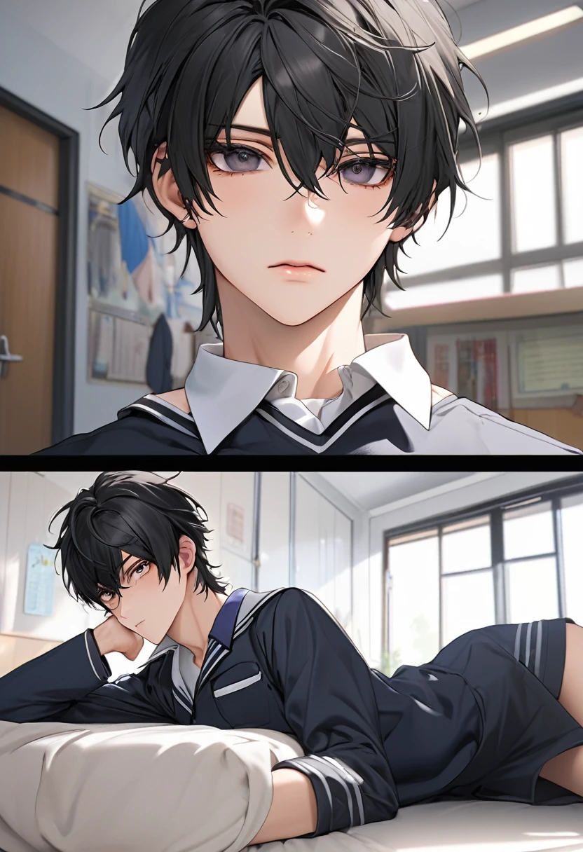 A highschool boy, handsome, perfect body, black hair, short hair, mullet, black eyes, upturned eyes, expressionless, black highschool uniform, anime, first-person view, masterpiece, anatomically correct, high details, highres, best quality, super detail, 1080P