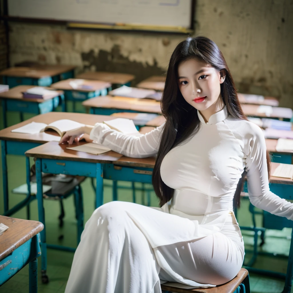 ((Ao Dai, big breasts, beautiful breasts, sitting on a chair in the classroom, 8k quality photo with good details))