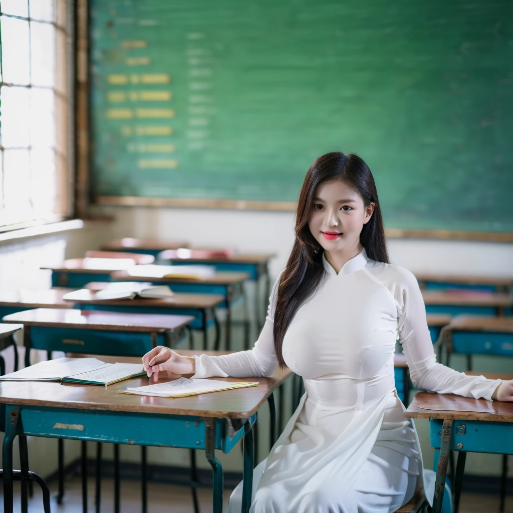 ((Ao Dai, big breasts, beautiful breasts, sitting on a chair in the classroom, 8k quality photo with good details))